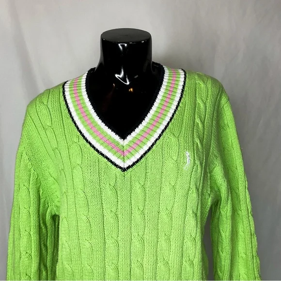 VINTAGE Preppy Lime Green Cable-Knit V-Neck Sweater with Striped Trim - Picture 6 of 11